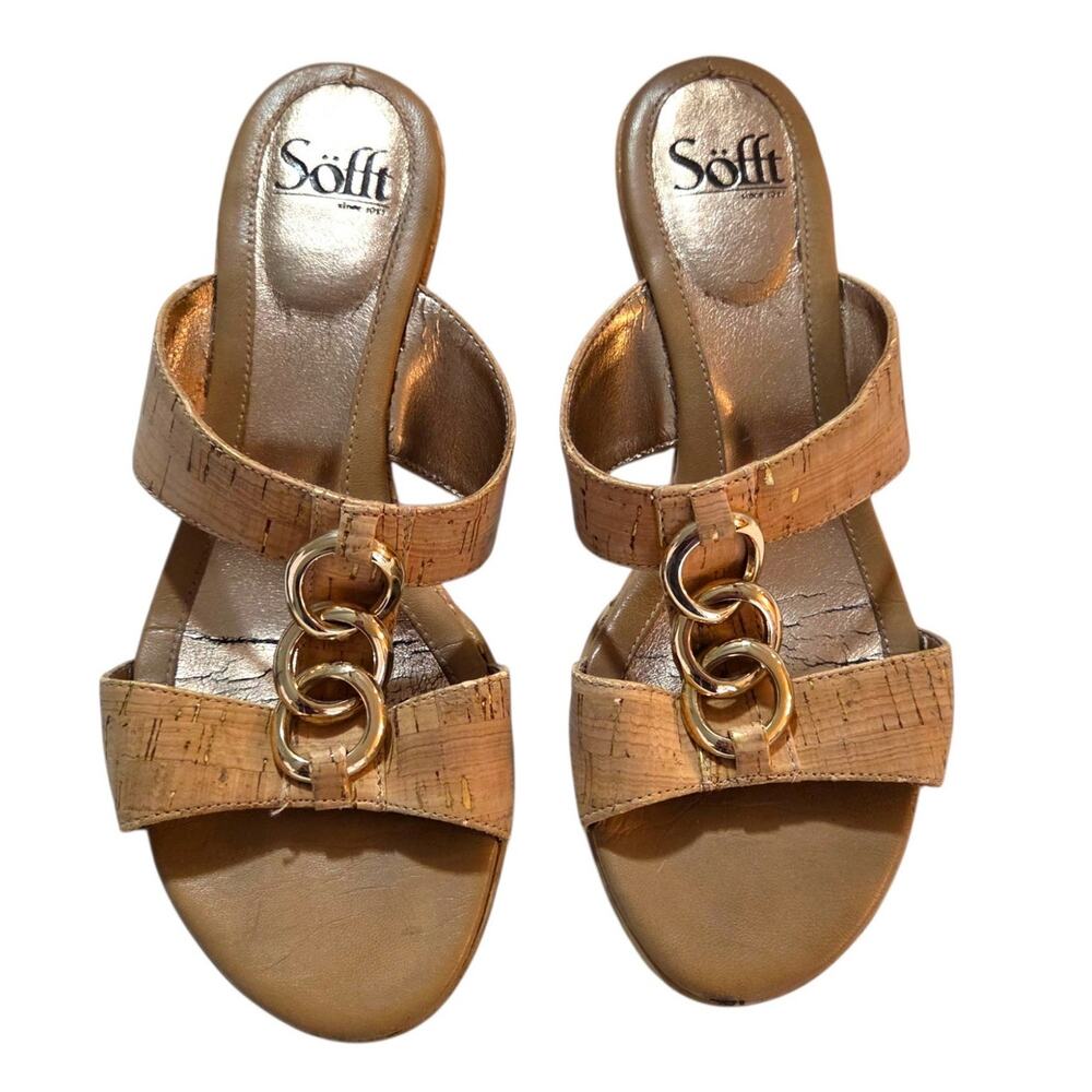 Sofft Cork Leather Gold Speckled Wedge Slip-On Sandals Coastal Boho Sz 7.5 - Picture 2 of 12
